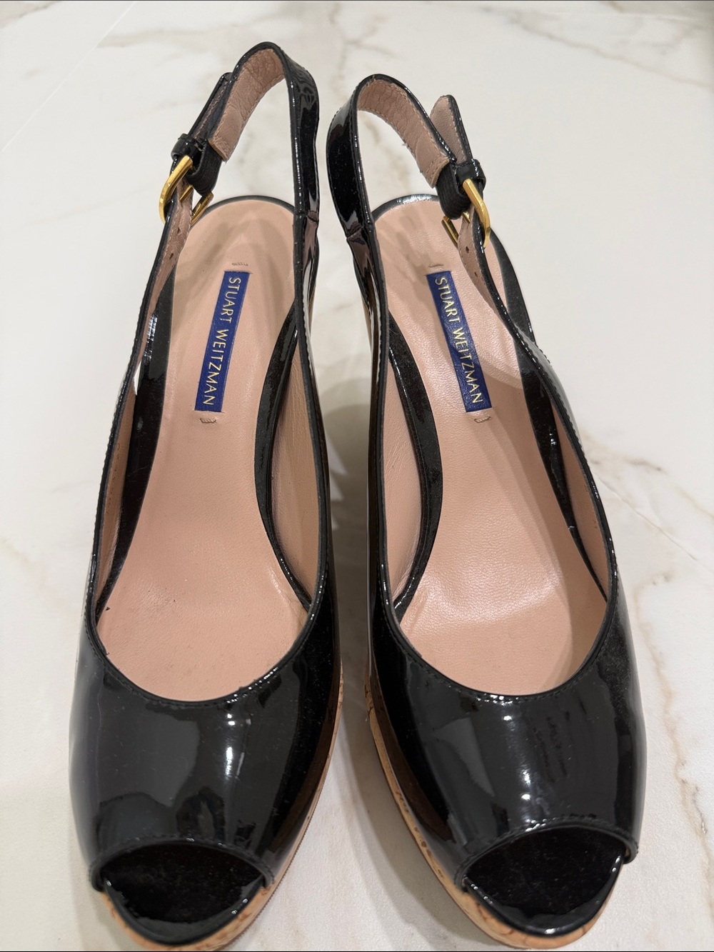 Stuart Weitzman Black Patent Slingback Cork Wedges Size 8 - Brand New